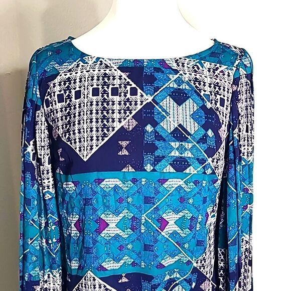 love FIRE Teal, Navy Blue & White Boho Dress, Wide Pleated Longsleeves, Sz Small - Picture 3 of 11